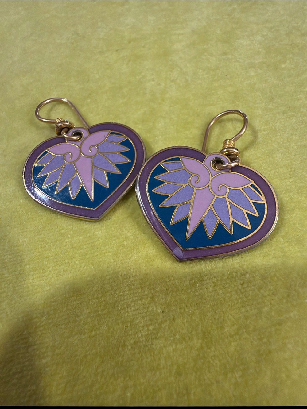 Laurel Burch Hollyhock Purple and Blue Heart Shaped Enamel Drop Earrings